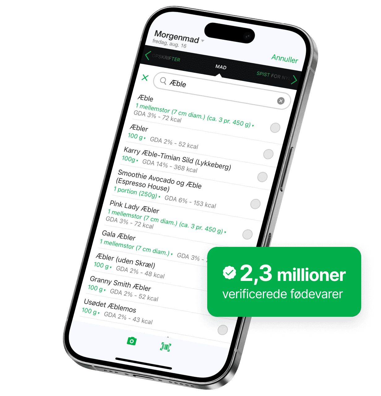 En smartphoneskærm viser fatsecret-appens mad-søgefunktion med søgeresultater for "Æble" og næringsoplysninger som portionsstørrelse og kalorier. Et grønt mærke fremhæver "1,9M verificerede fødevarer".