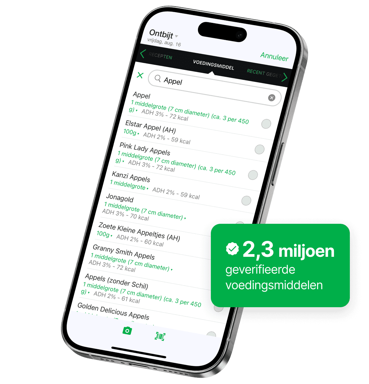 Een smartphonescherm toont de voedselzoekfunctie van de fatsecret-app met resultaten voor 'Appel' inclusief voedingsinformatie zoals portiegrootte en calorieën. Een groen label benadrukt '1,9M geverifieerde voedingsmiddelen'.