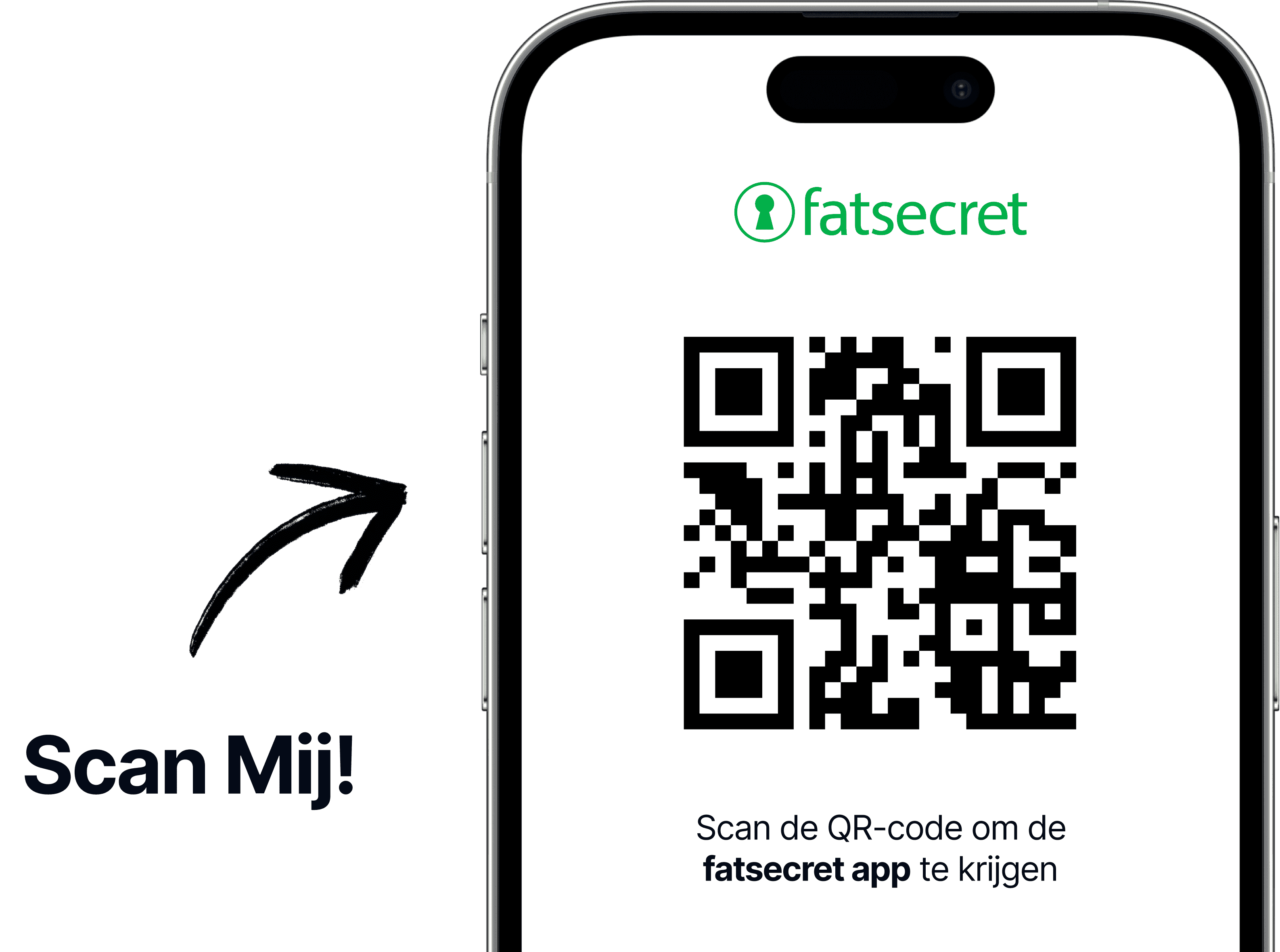 Smartphonescherm met een QR-code en het fatsecret-logo erboven, met tekst die gebruikers aanmoedigt om de code te scannen om de fatsecret-app te downloaden.