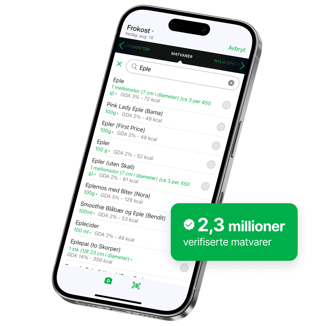 En smarttelefonskjerm viser fatsecret-appens matsøkefunksjon med resultater for "Eple" og næringsinformasjon som porsjonsstørrelse og kalorier. Et grønt merke fremhever "1,9M verifiserte matvarer".