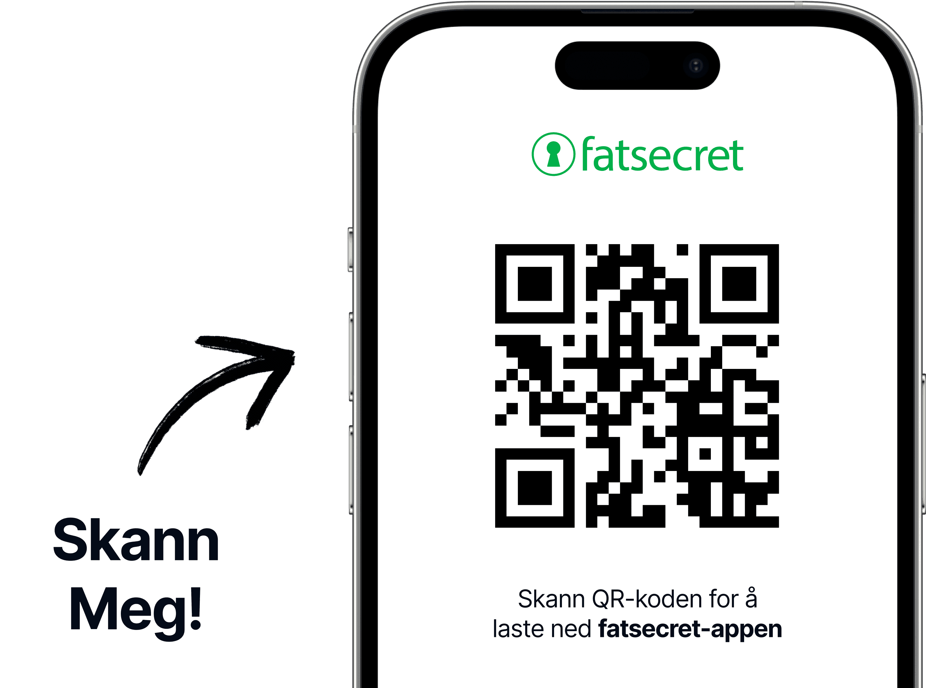 Skjerm på en smarttelefon som viser en QR-kode med fatsecret-logoen over, og en tekst som ber brukeren skanne koden for å få fatsecret-appen.