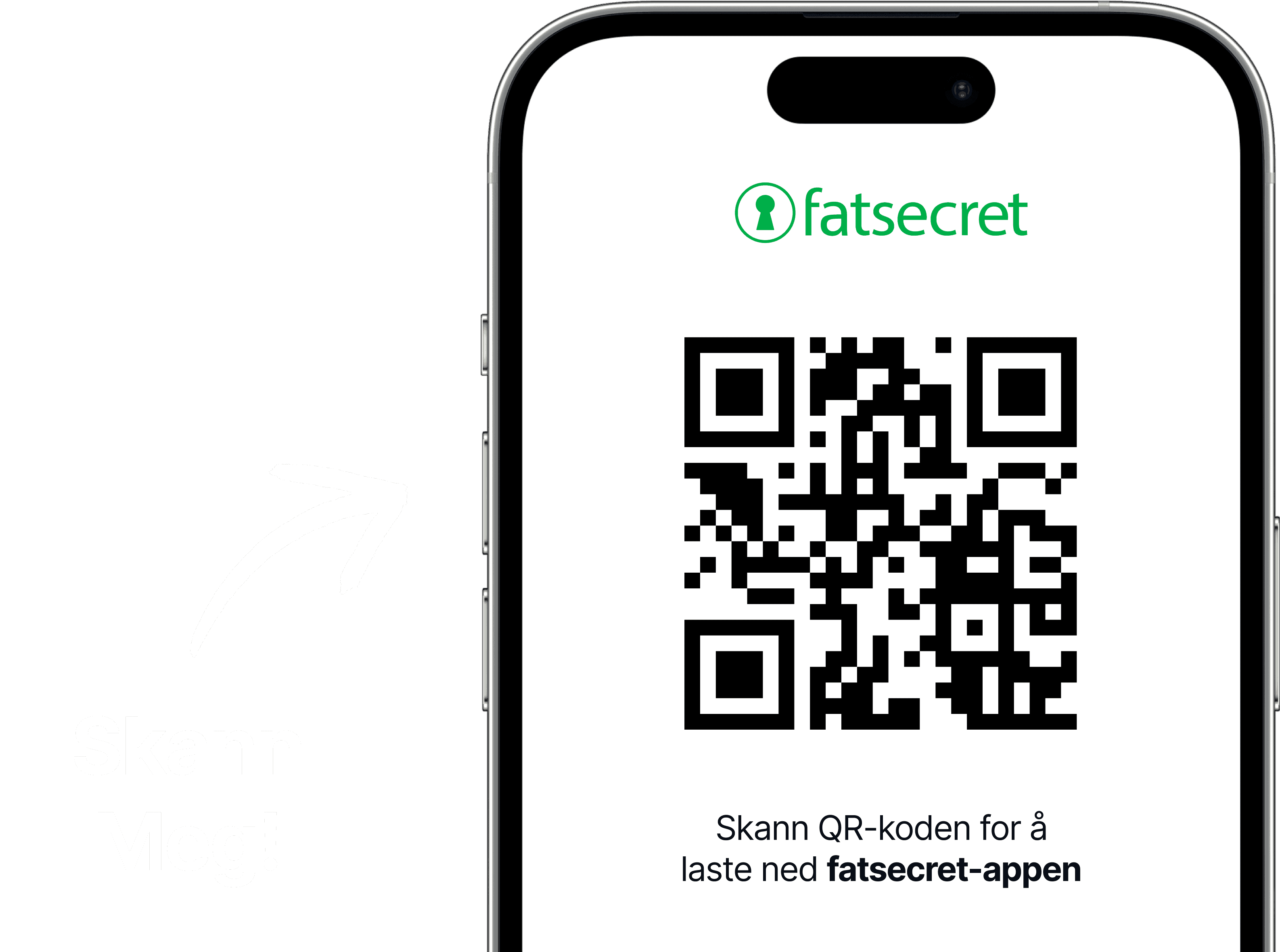 Skjerm på en smarttelefon som viser en QR-kode med fatsecret-logoen over, og en tekst som ber brukeren skanne koden for å få fatsecret-appen.