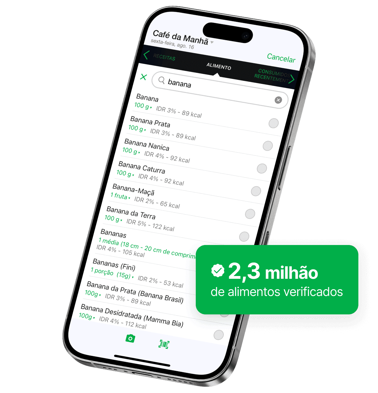Tela de um smartphone exibindo a função de busca de alimentos do app fatsecret com resultados para "Maçã", mostrando dados como porção e calorias. Um selo verde destaca "1,9M de alimentos verificados".