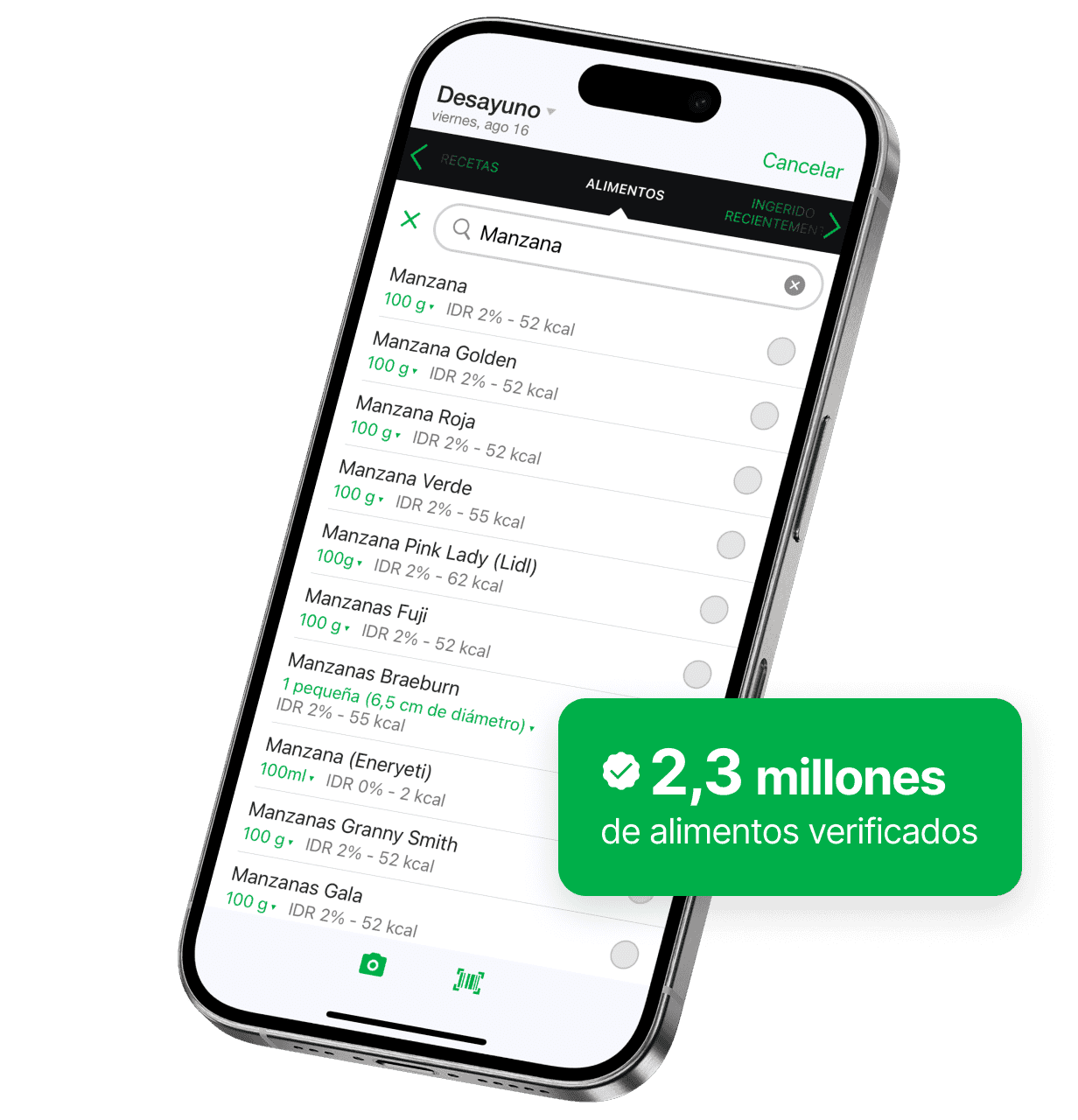 Pantalla de un smartphone mostrando la búsqueda de alimentos de la app fatsecret, con resultados para “Manzana” y datos nutricionales como ración y calorías. Un distintivo verde destaca “1,9M alimentos verificados”.
