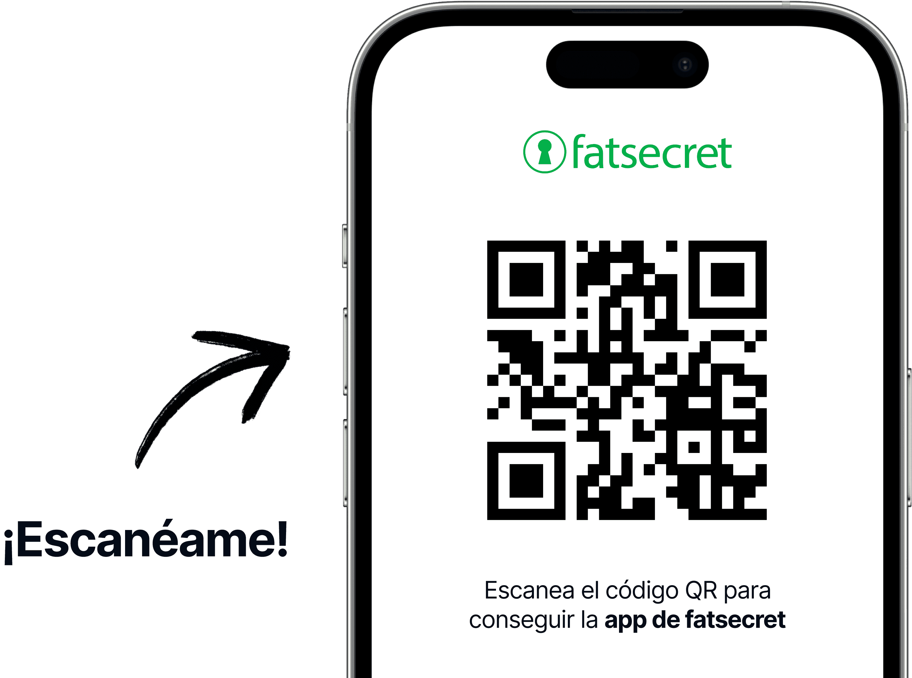 Pantalla de móvil mostrando un código QR con el logo de fatsecret encima y un texto que invita a escanear el código para conseguir la app de fatsecret.
