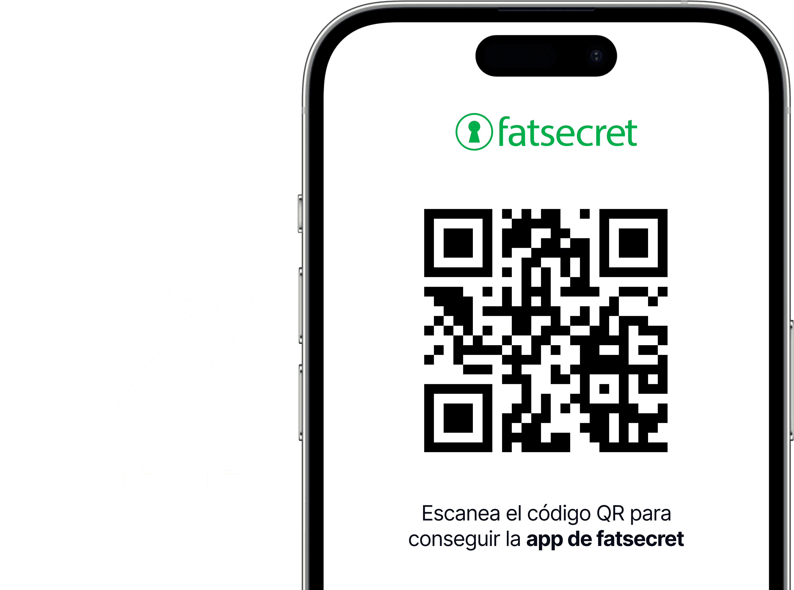 Pantalla de móvil mostrando un código QR con el logo de fatsecret encima y un texto que invita a escanear el código para conseguir la app de fatsecret.