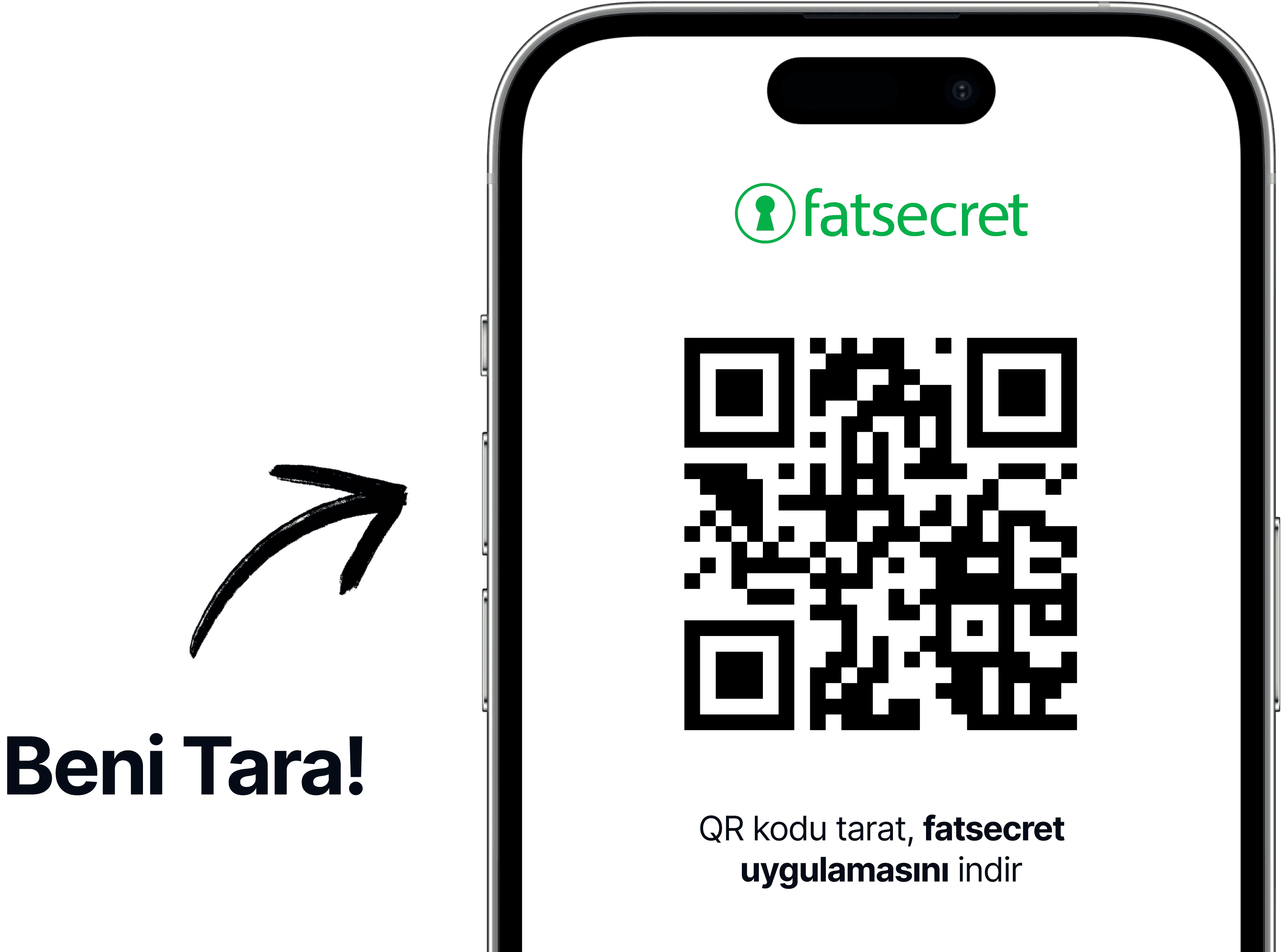 Üstünde fatsecret logosu olan ve kullanıcıları uygulamayı indirmek için QR kodu taramaya yönlendiren bir yazıyla birlikte QR kod gösteren bir telefon ekranı.